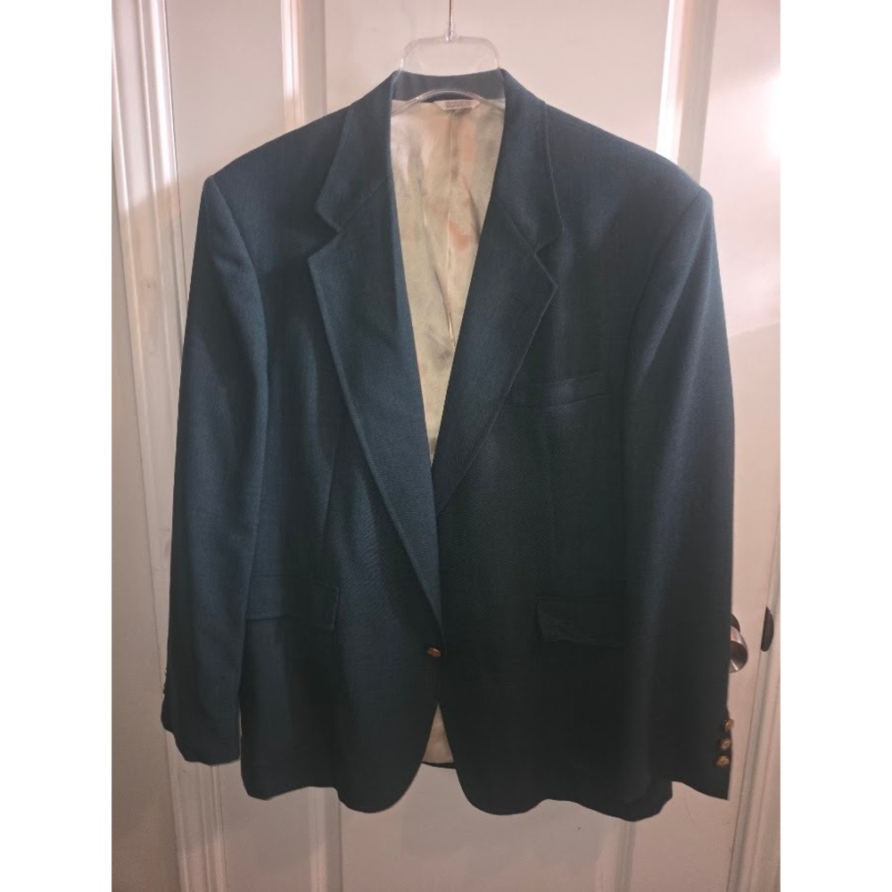 Hunt Valley Mens Green Two Button Blazer Sport Coat Gold Crest Buttons USA Made